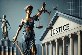 DALL·E 2025 05 14 15.51.06 A symbolic image representing the Justice news category for a news website. The composition includes a classical Lady Justice statue blindfolded wo