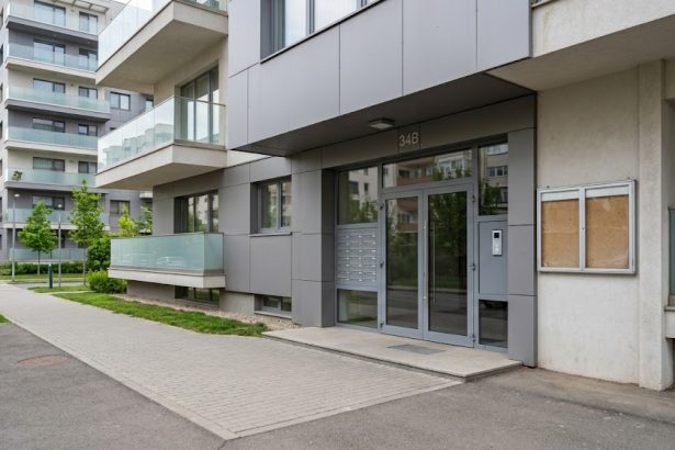 Intrarea unui bloc de locuințe din București cu un avizier curat, sugerând amânarea adunării generale anuale în anul 2026.